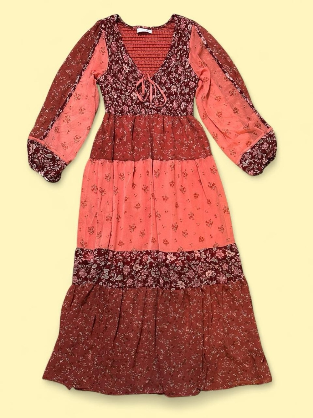 Altar'd State Coral and Burgundy Tiered Floral Maxi Dress